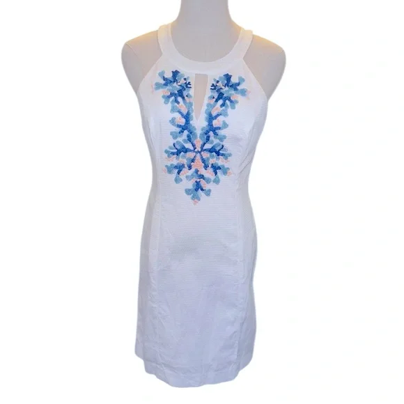 NWOT Size Large Lilly Pulitzer JENA STRETCH SHIFT DRESS White BEADS CORALS